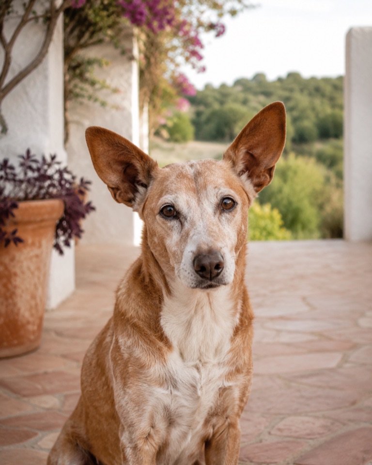 Podenco mestizo mayor mirando a cámara